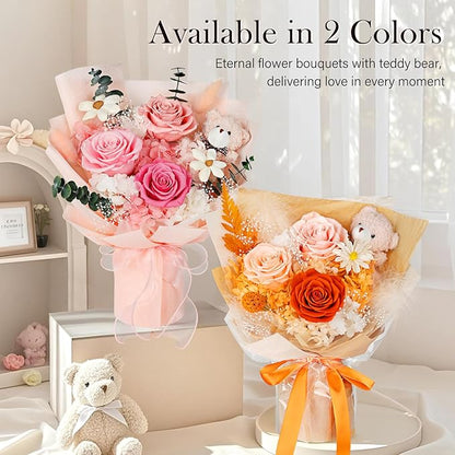 Preserved Flowers Bouquet with Bear, 3 Real Forever Flowers for Delivery, Long-Lasting Pink Eteranl Roses Bouquet, Anniversary Birthday Valentine Gifts for Women Mom Grandma Her Wife Girlfriend