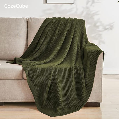 CozeCube Olive Green Throw Blanket for Couch, Soft Cozy Cable Knit Throw for Bed Sofa Living Room, Lightweight Warm Decorative Farmhouse Christmas Blanket, 60"x80", Olive Green