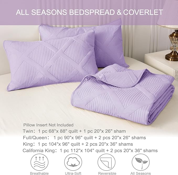 Exclusivo Mezcla Quilts Queen Size - Lilac Quilt Set Bedspread with 2 Pillow Shams, Modern Bedding Set with Striped Pattern, Soft Lightweight Bedspreads Queen Size for All Seasons