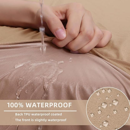 hyha Waterproof Couch Cushion Covers, Stretch Sofa Couch Seat Slipcover for Dog Washable, Non-Slip Waterproof Outdoor Cushion Covers for Patio Furniture Replacement (1 Piece for Medium, Camel)