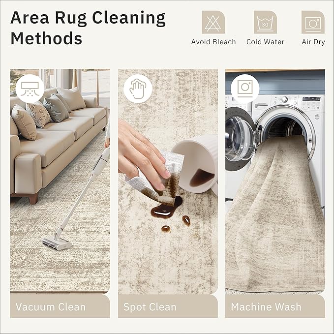 Area Rug 10x12 Vintage Washable Living Room Large Carpet Non Slip Bedroom Indoor Office Dining Room Low Pile Thin Rug Beige
