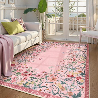 Lahome Boho Floral 5x7 Pink Rugs for Bedroom Girls, Non Slip Washable Nursery Rugs for Living Room, Pastel Indoor Throw Carpet for Dorm Classroom Playroom(Pink,5x7)