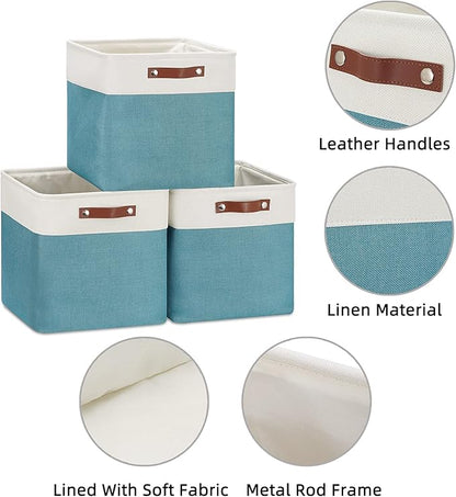 HNZIGE Foldable Storage Cubes & Baskets (3 Pack) - 13 Inch Storage Bin with Leather Handles for Toys, Clothes, Kids, Closet (White & Teal)