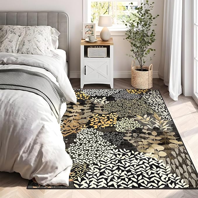 DEXDE Washable Area Rug 3x5 for Living Room, Abstract Small Boho Rugs Non Slip Soft Kids Room,Vintage Leaves Floral Carpet for Bedroom Entryway Kitchen Office Dining Room, Black