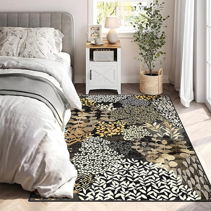 DEXDE Washable Area Rug 3x5 for Living Room, Abstract Small Boho Rugs Non Slip Soft Kids Room,Vintage Leaves Floral Carpet for Bedroom Entryway Kitchen Office Dining Room, Black
