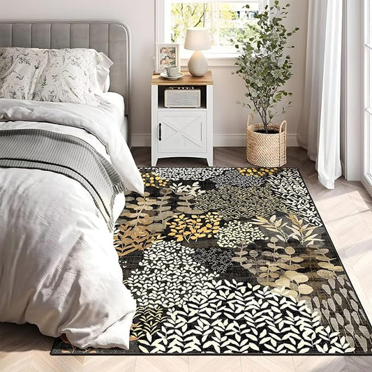 DEXDE Washable Area Rug 3x5 for Living Room, Abstract Small Boho Rugs Non Slip Soft Kids Room,Vintage Leaves Floral Carpet for Bedroom Entryway Kitchen Office Dining Room, Black