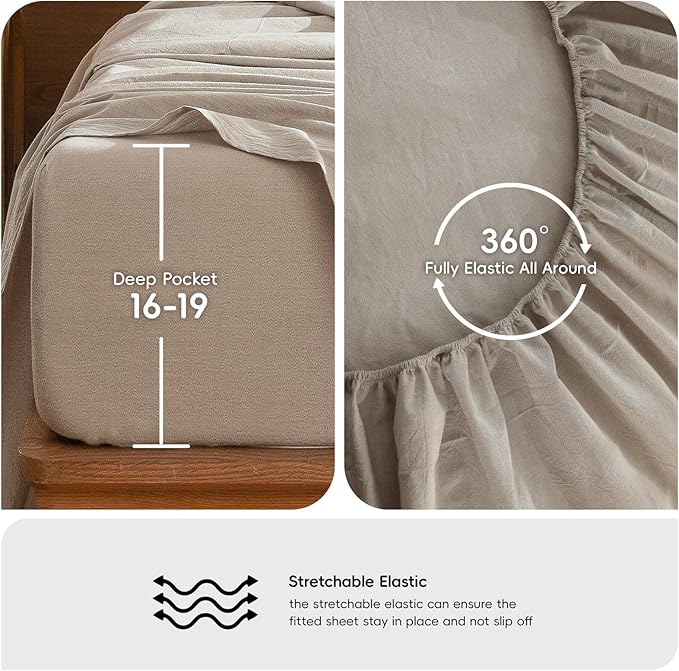 MooMee Bedding Sheet Set 100% Washed Cotton Linen Like Textured Breathable Durable Soft Comfy (Heathered Tannish Linen Grey, Full)
