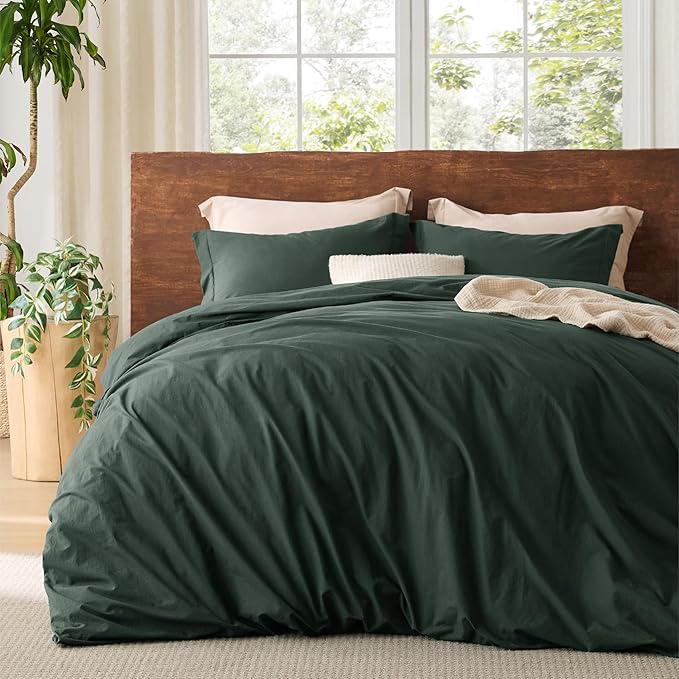 Bedsure 100% Washed Cotton Duvet Cover Queen Size - Forest Green Minimalist Cotton Duvet Cover Linen Like for All Seasons - GentleSoft™ Plain Simple Bedding (Forest Green, Queen, 90"x90")
