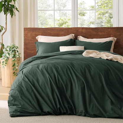 Bedsure 100% Washed Cotton Duvet Cover King Size - Forest Green Minimalist Cotton Duvet Cover Linen Like for All Seasons - GentleSoft™ Plain Simple Bedding (Forest Green, King, 104"x90")