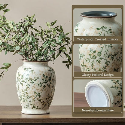 Vintage Green and Beige Vase, Round Ceramic Floral Vases, Retro Ice Cracked Chinoiserie Vase for Home Decor, Living Room, Bookshelf, Office, Grand Millennial Decor, Rustic Table Centerpiece 8 Inch