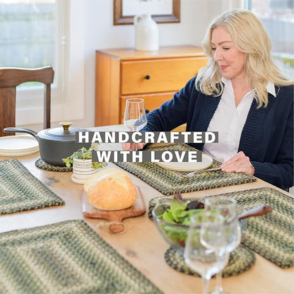 Homespice Pinecone Jute Braided Oval Placemats, Warm Country Rustic Decor, Set of 6, 13x19 Green Table Mats - Vibrant Colors, Durable, Easy to Clean and Protects Furniture