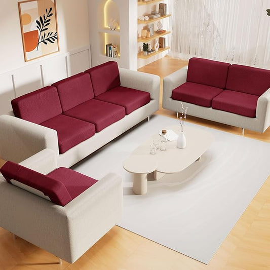 hyha Waterproof Couch Cushion Covers for Pets, Non Slip Sofa Seat Cover for Dogs Washable, Soft Thick Stretch Jacquard Fabric, Sofa Slipcovers with Elastic Bottom (3 Pieces, Wine Red)