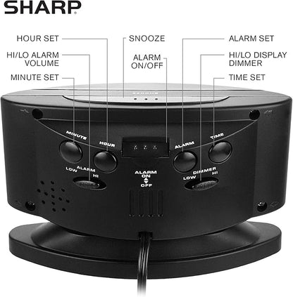 Sharp Home LED Digital Alarm Clock – Swivel Base - Outlet Powered, Simple Operation, Alarm, Snooze, Brightness Dimmer, Big Green Digit Display, (Midnight Black -Red LED)
