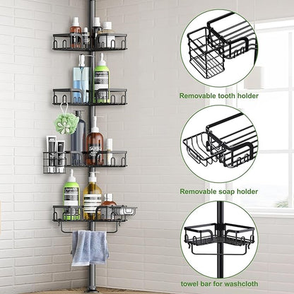 Corner Shower Caddy Tension Pole 4 Tier Adjustable Stainless Steel Shower Shelf for Inside Shower Bathtub Shampoo,Standing Bathroom Organizer Shelves with 39 to 113 inch Height
