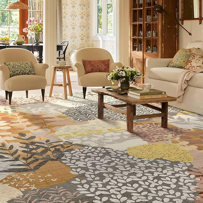 DEXDE Fall Large Area Rugs 9x12 Living Room, Floral Washable Rug Boho Print Vintage Low Pile Non Slip Carpet for Bedroom Kids Room Nursery Office Dinning Room,Camel