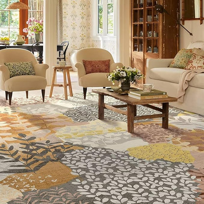 DEXDE Fall Large Area Rugs 9x12 Living Room, Floral Washable Rug Boho Print Vintage Low Pile Non Slip Carpet for Bedroom Kids Room Nursery Office Dinning Room,Camel