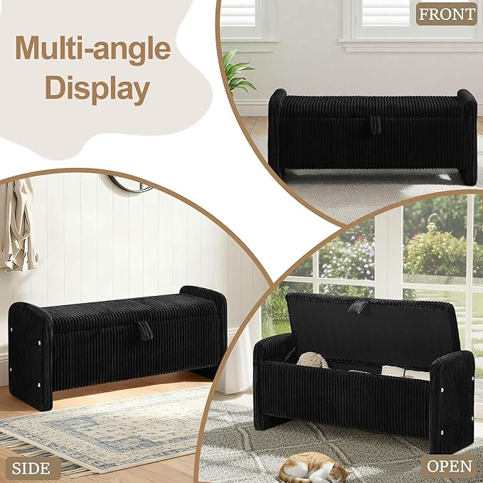 44" Storage Ottoman Bench, Upholstered End of Bed Storage Benches, Rectangle Ottoman with Storage for Bedroom, Entryway, Corduroy Black