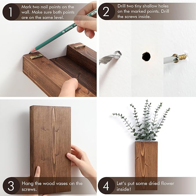 Wood Wall Planter Set of 2, Wood Wall Pocket for Greenery and Dried Flowers, Indoor Wood Hanging Vase, Modern Farmhouse Wall Decor for Living Room Bedroom Office Eucalyptus Stems Decorations (Retro)
