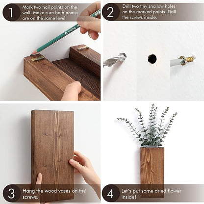 Wood Wall Planter Set of 2, Wood Wall Pocket for Greenery and Dried Flowers, Indoor Wood Hanging Vase, Modern Farmhouse Wall Decor for Living Room Bedroom Office Eucalyptus Stems Decorations (Retro)