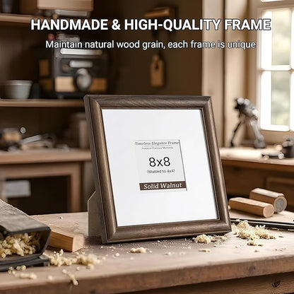 Heimlove 8x8 Picture Frame,8 x 8 Natural Solid Walnut Wood Square Frame with Tempered Glass,8"x8" Handcrafted Wood Frame Matted to 4x4 Photos for Wall or Tabletop Art Photo and Prints,1 Pack