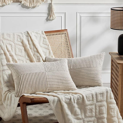 Fancy Homi 2 Packs Neutral Taupe Lumbar Decorative Throw Pillow Covers 14x24 Inch for Living Room Couch Bed Sofa, Farmhouse Home Decor, Soft Striped Corduroy Rectangle Accent Cushion Case 35x60 cm