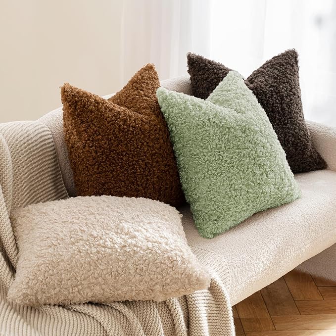 MIULEE Pack of 2 Light Green Faux Fur Throw Pillow Covers 18x18 Inch Boucle Decorative Sherpa Spring Pillow Covers Fuzzy Accent Soft Sheepskin Fleece for Boho Home Decor Sofa Living Room Couch Bed