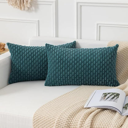 Kevin Textile 12x20 Inch Pillow Cover 1 Pack Boho Decorative Soft Striped Corduroy Lumbar Farmhouse Color Accent Rectangle Cushion Case for Living Room Couch Sofa Bed, Teal Blue