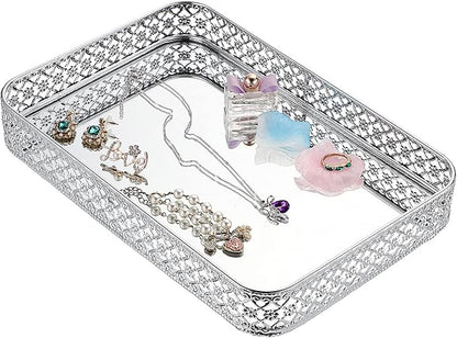 ELLDOO Perfume Mirror Tray Vanity Makeup Hollow-Carved Jewelry Organizer Glass Metal Trinket Storage Tray Home Decor Organizer for Dresser Bathroom Countertop,Silver,Medium Size