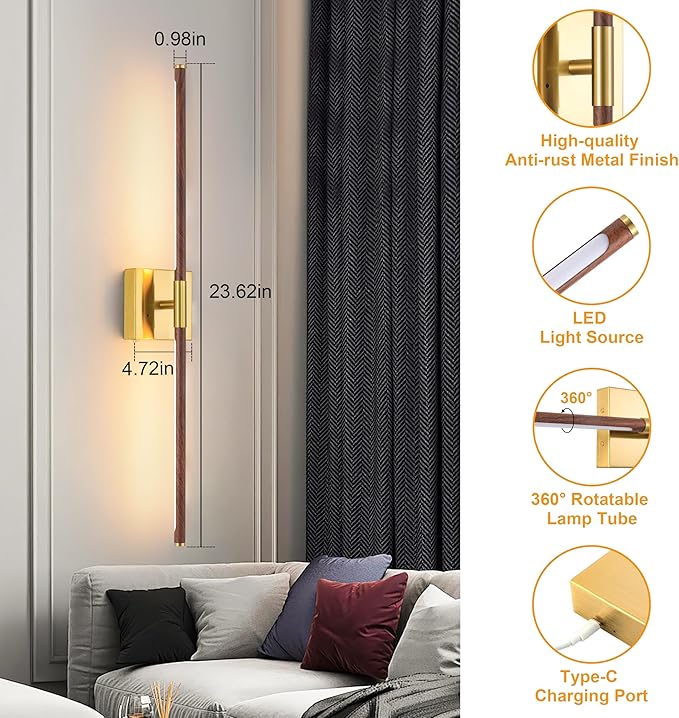 Battery Operated Wall Sconce Single, Walnut Rechargeable Wall Sconce with Remote, Dimmable Sconce Wall Light, 24 Inch LED Wireless Wall Light for Background Wall, Bedroom,Living Room