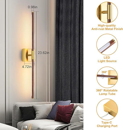 30″ Walnut Battery Operated Wall Sconces with Remote Control, Rechargeable Wall Sconces Set of 2, LED Sconces Wall Lighting, Wireless Wall Lights for Bedroom, Living Room, Background Wall