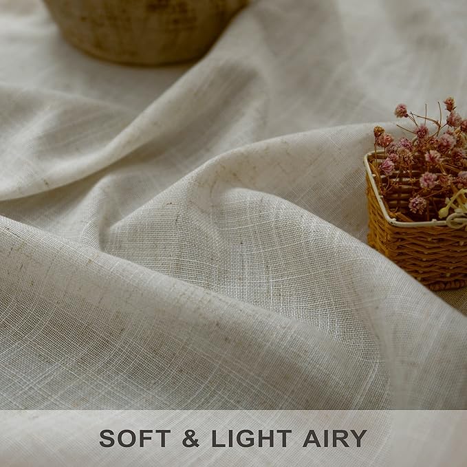 Flax Linen Curtains 38 Inch Width for Kitchen Farmhouse 2 Panels Back Tab Pocket Light Reducing Semi Sheer Tan Beige Curtains for Bathroom Window Door Entryway Cottage Decor Wide 38x45 Inch Length