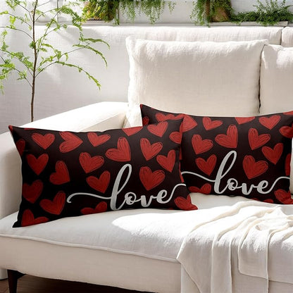 Valentines Day Pillow Covers 12x20 Set of 2 Black Heart Throw Pillow Covers Love Pillowcase Linen Decoration Farmhouse Holiday Cozy Soft Cushion Case Couch for Indoor Outdoor Home Decor