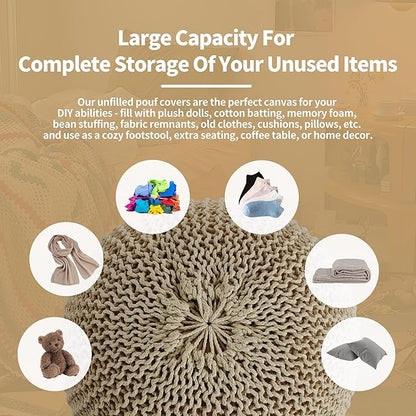 HOMBYS Unstuffed Ottoman Pouf Cover, 100% Cotton Handmade Knitted Ottoman Pouf Cover Round Foot Stool, Floor Bean Bag Chair, Foot Rest Storage for Living Room Bedroom, Khaki(Cover ONLY NO Filler)