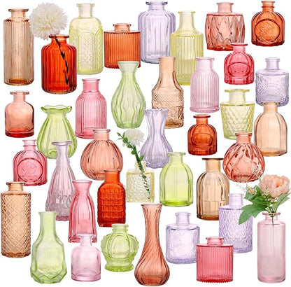 38 Pack Colorful Glass Bud Vase Set, Small Colored Vintage Vases for Centerpieces, Decorative Flower Vases for Wedding Home Table Decor