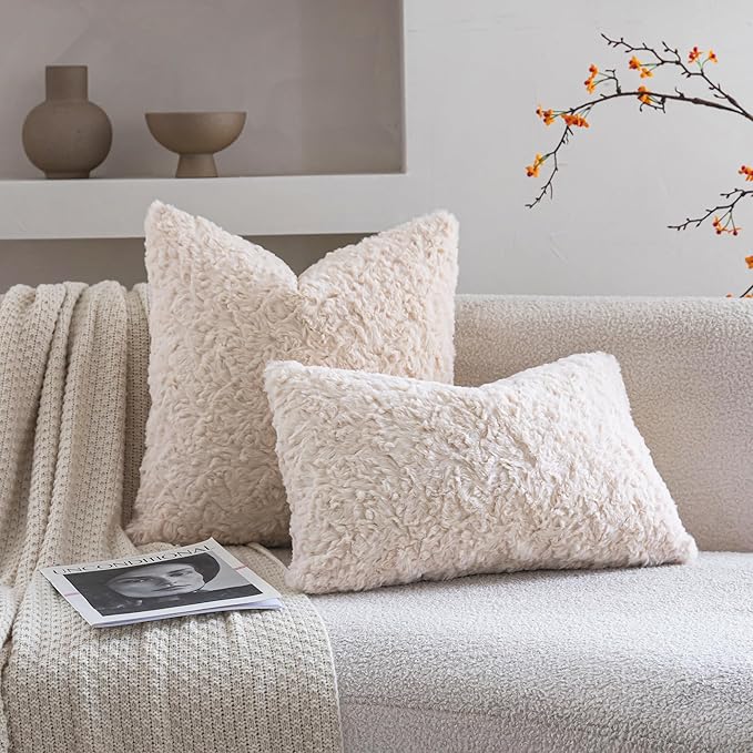 Neelvin Set of 2 Faux Fur Throw Pillow Covers 12x20 Inch Beige Cozy Soft Solid Decorative Pillowcases Thick Plush Sheepskin Cushion Case for Chair and Couch Sofa Bedroom