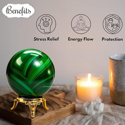 Amazing Gemstone Malachite Crystal Ball with Stand - 1.5" Inches Crystal Sphere Meditation Balls for Witchcraft and Decorative Balls