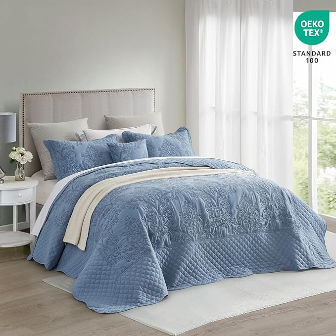 CHIXIN Bedspread Coverlet Quilt Set Full Size - Lightweight Bedding Cover - Beautiful Stitching - 5 Piece Reversible Bedspread - Luxury Damask Paisley Pattern (Full, Ashley Blue)
