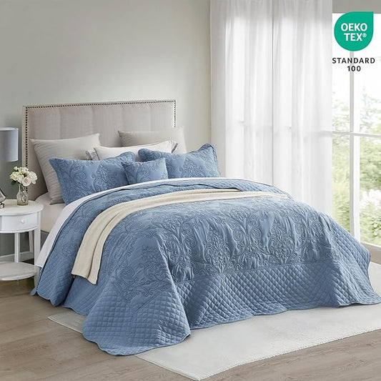 CHIXIN Oversized King Bedspread 128x120 Extra Wide - Lightweight Bedding Cover - Beautiful Stitching - 5 Piece Reversible Bedspread - Luxury Damask Paisley Pattern (King/Cal King, Ashley Blue)