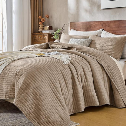 DOWN HOME Cali King Quilt Bedding Set with Shams, Vintage Washed Quilted Blanket Thin Comforter Lightweight Bedspread Coverlet Bed Cover, Brushed Microfiber Stripe Stitching, Brown, 111"x92"