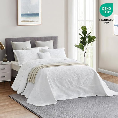 HZ & HY Oversized King Bedspread, Ultrasonic Coverlet Bedding Set, Lightweight Thin Comforter, Reversible, 5 Piece, 100% Microfiber, White