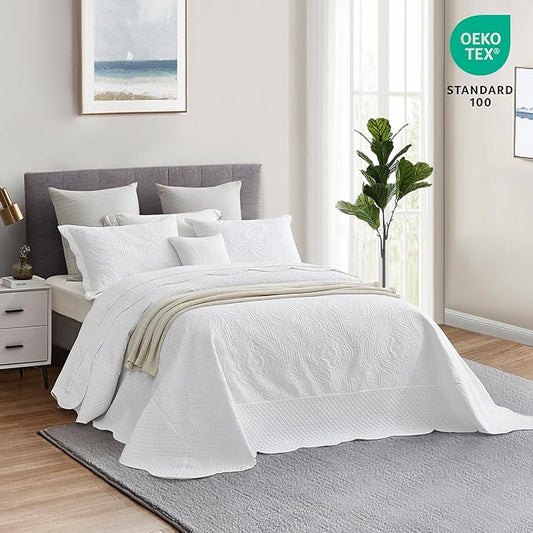 HZ & HY Oversized King Bedspread 128x120 Extra Wide, Ultrasonic Coverlet Bedding Set, Lightweight Thin Comforter, Reversible, 5 Piece, 100% Microfiber, White