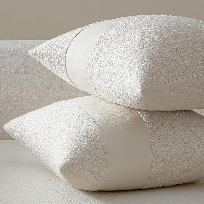 MIULEE Boucle Throw Pillow Covers 20x20 Inch Set of 2 White Faux Leather Textured Decorative Pillow Cases Boho Farmhouse Accents Cushion Covers for Couch Bed Livingroom Home Decor