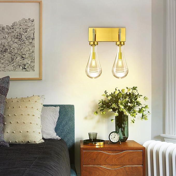 Raindrop Wall Sconces Gold Crystal Sconces Wall Decor Modern Lighting Glass Bathroom Sconces Indoor Vanity Light Wall Lamp for Bedroom Living Room Stair(2-Light)