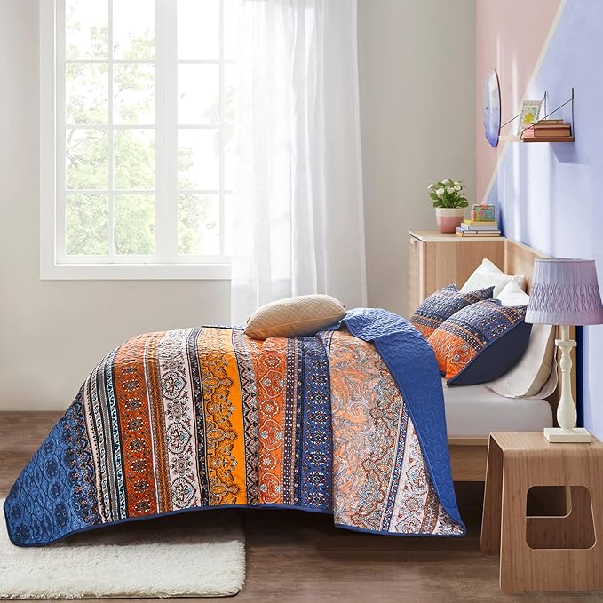 WONGS BEDDING Boho Fall Quilt King Size, Blue and Orange Bohemian King Quilt, Lightweight Microfiber Bed Decor Bedspread for All Season 103"x90"(3 Pieces)