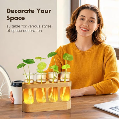 Plant Propagation Station with LED Light – Glass Test Tube Vases & Beech Wood Desk Decor, Wooden Stand Terrarium for Indoor Home Office, Plant Gifts for Women Plant Lovers