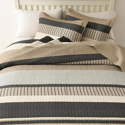 Finlonte Bedspread King Size 100% Cotton Oversized King Size Bedspreads Charcoal Brown Beige Extra Super King Quilted Bed Spread Striped Farmhouse Lightweight Soft Bedding Set for All Season, 3 Piece