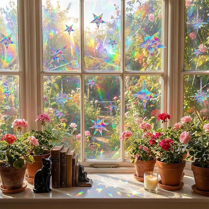 32 Pcs Star Window Clings, Anti Collision Window Decals to Save Birds, Non-Adhesive Rainbow Stickers, Sun Catcher Stickers Aesthetic Decor