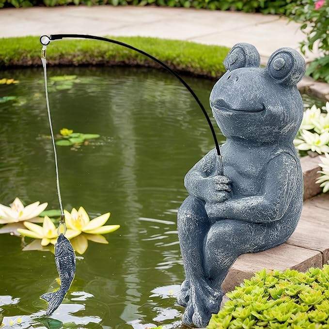 9.5" Frog Fishing Garden Sculptures & Statues, Stone Look Sculpture, Whimsical Lawn Yard Art, Funny Pond Fisherman Statue, Resin Animal Decorative Figurine, for Frog Fishing Lovers