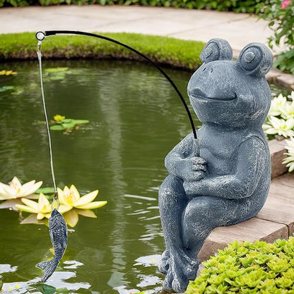 9.5" Frog Fishing Garden Sculptures & Statues, Stone Look Sculpture, Whimsical Lawn Yard Art, Funny Pond Fisherman Statue, Resin Animal Decorative Figurine, for Frog Fishing Lovers