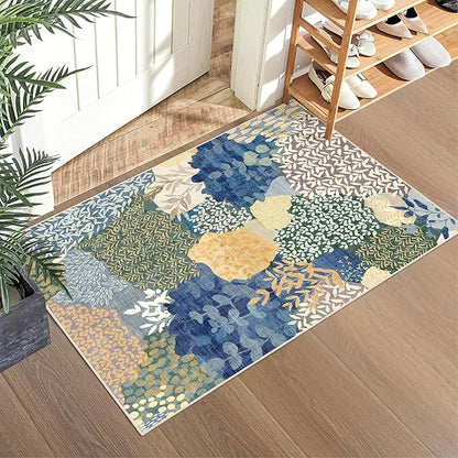 DEXDE 2x3 Area Rug, Small Boho Rugs Entryway Doormat Indoor Machine Washable Non-Slip Abstract Botanical Leaves Floral Print Floor Carpet for Living Room, Bedroom, Office, Kids Playroom,Blue